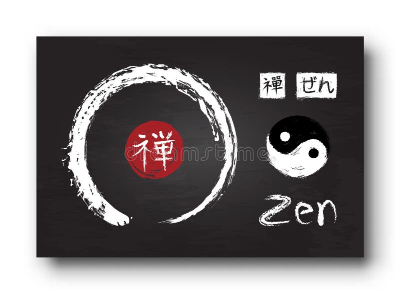 Enso zen circle with kanji calligraphy Chinese . Japanese alphabet translation meaning zen . Yin and yang symbol . Black color chalkboard background with old scratch texture . Vector illustration . Enso zen circle with kanji calligraphy Chinese . Japanese alphabet translation meaning zen . Yin and yang symbol . Black color chalkboard background with old scratch texture . Vector illustration .