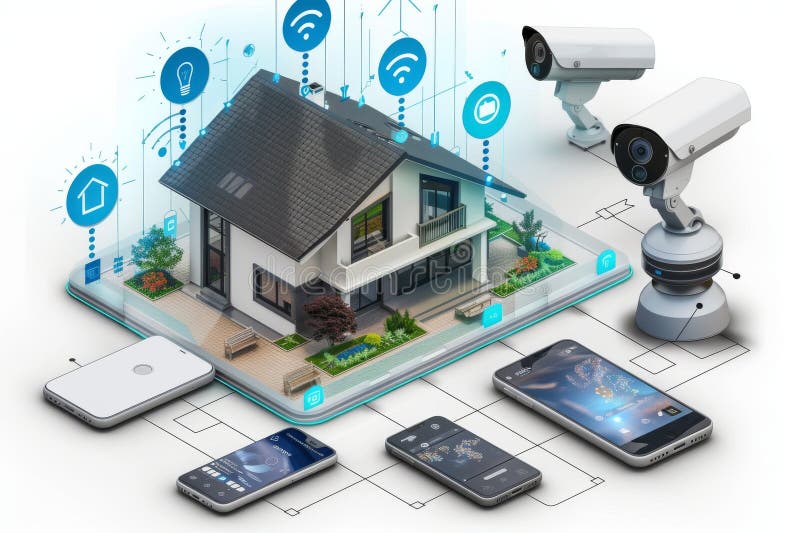 Remote Access and Video Technology Control CCTV Security Systems with Networked Surveillance Cameras and Alarms in Production Hous Stock Illustration - Illustration of estate, sensor: 318343971