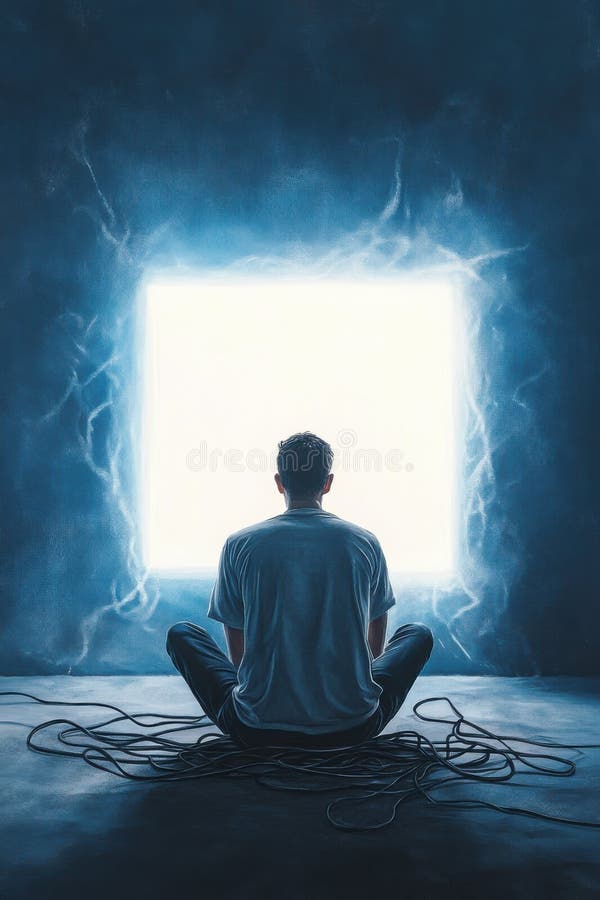 Entangled in digital distraction with cords and a hypnotizing screen glowing in the darkness royalty free stock photo