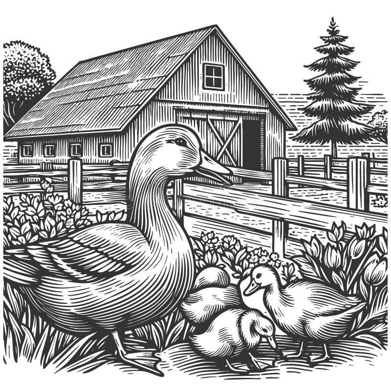 Ente mit Encklings auf einer Darstellung von landwirtschaftlichen Vektoren stock abbildung