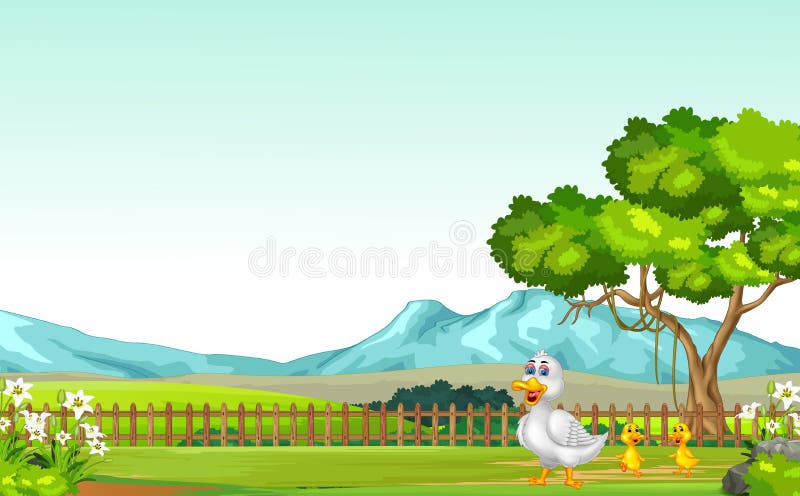 Ente mit zwei Ducklings im GRass Field mit Mountain Range Cartoon stock abbildung