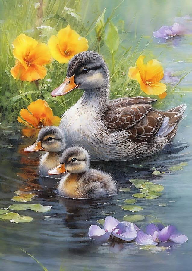 Enten in einem tiefen, blühenden Teich im Freien : eine feuchte Technik vektor abbildung