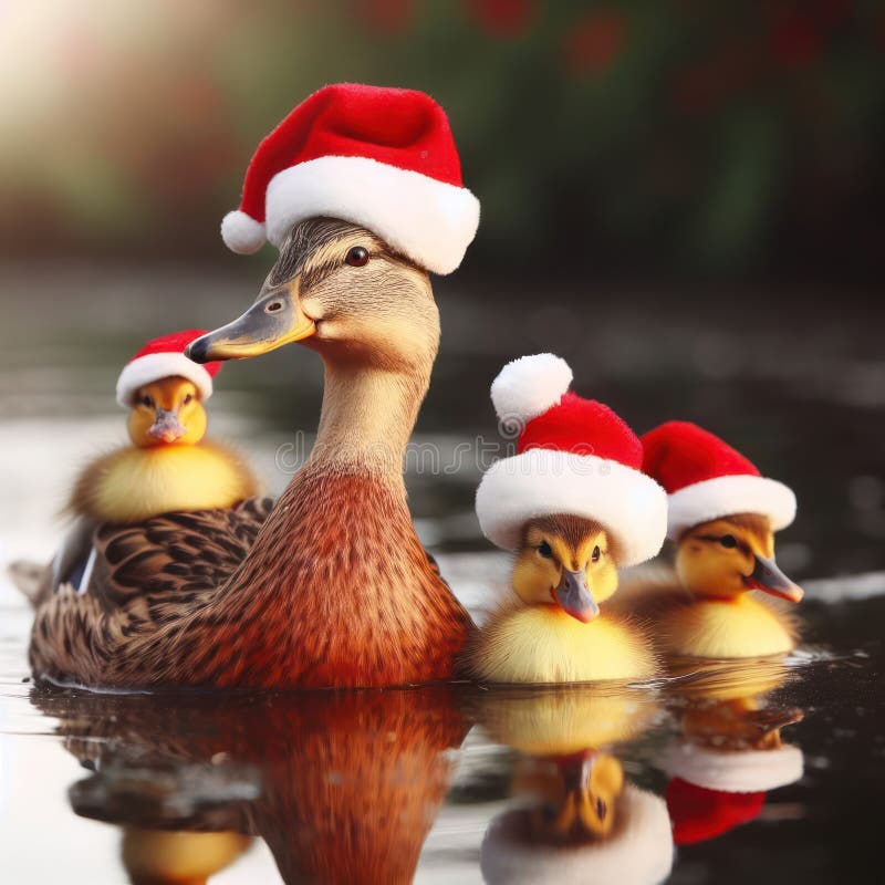 Enten und Enten in einem Teich mit Santa-Hüten generative ai stock abbildung