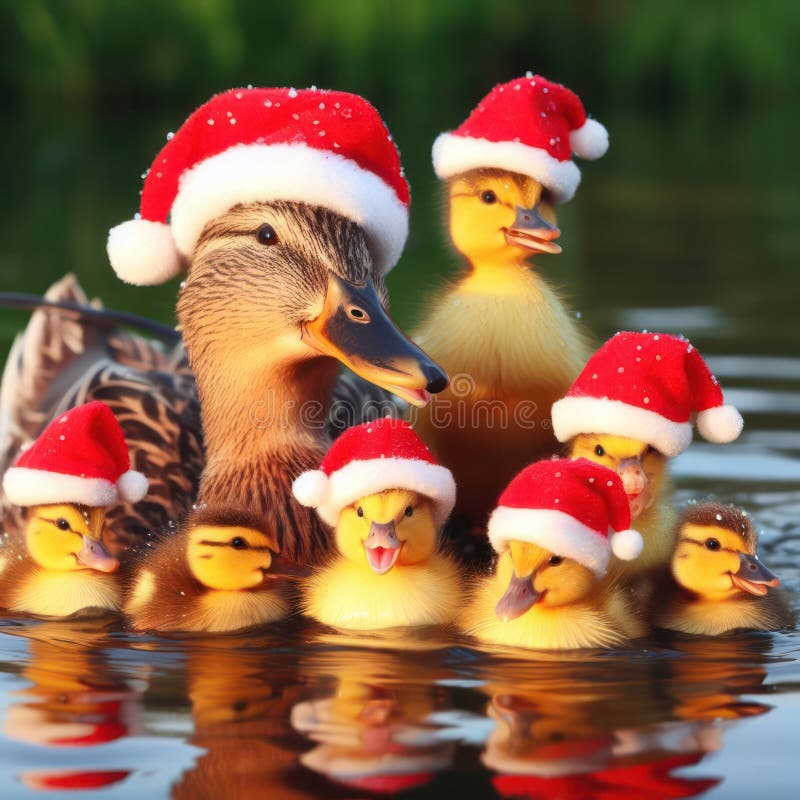 Enten und Enten in einem Teich mit Weihnachtshüten stock abbildung