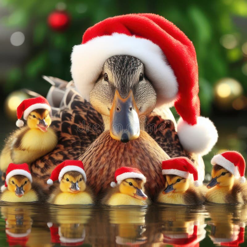 Enten und Enten in einem Teich mit Weihnachtshüten lizenzfreie abbildung