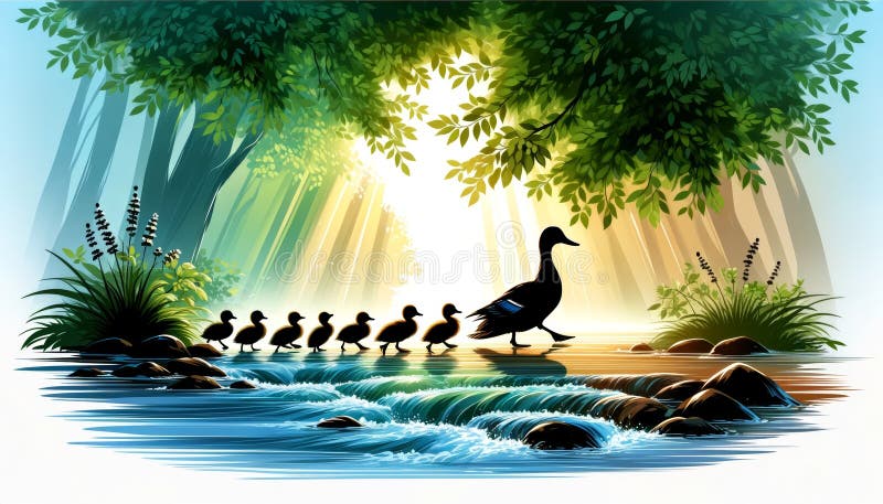 Enten und Entenlings, die den Fluss überqueren lizenzfreie abbildung