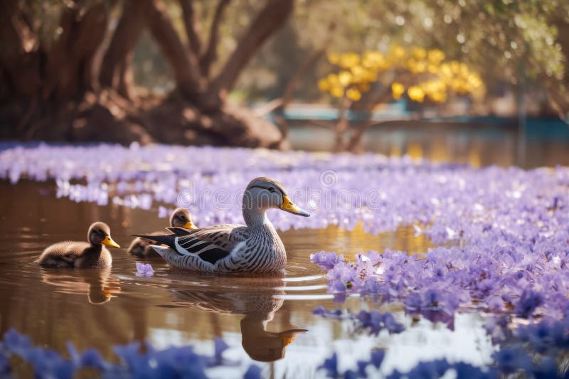 Enten und Entenlings im Teich mit Jacaranda Blütenblättern. Generative AI Generative AI