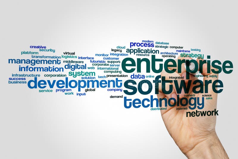 Enterprise Software Word Cloud Concept on Grey Background Stock Image