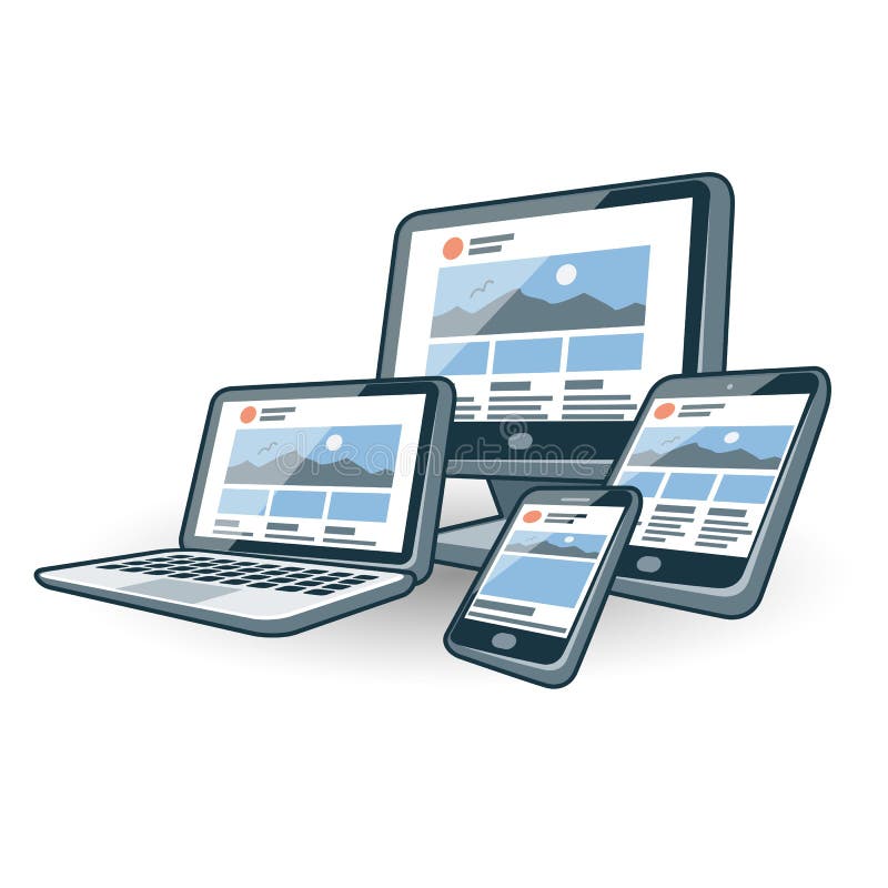 Illustration of responsive website design on different screen devices with smartphone, laptop, monitor screen, tablet, mini tablet. Illustration of responsive website design on different screen devices with smartphone, laptop, monitor screen, tablet, mini tablet