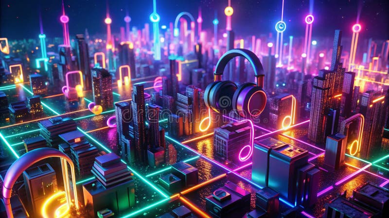 Enthalling Aerial Neon Music Visualization Dynamiczna animacja słuchawkowa z błyszczącymi notatkami muzycznymi i abstrakcyjnymi pr ilustracji