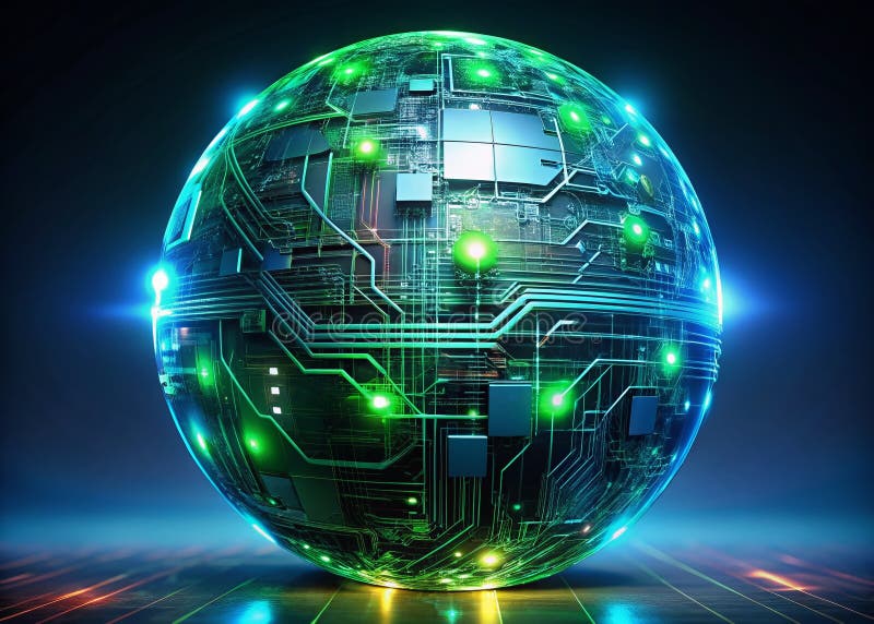 Enthralling Abstract Futuristic Tech Sphere A Glowing Symphony of Circuits and Digital Design Perfect for TechInspired stock illustration