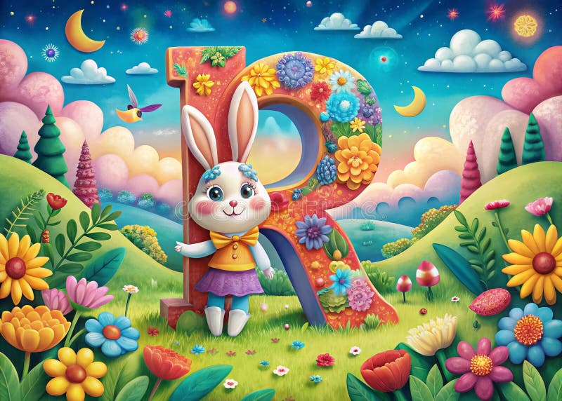 Enthralling Aerial Colour Page Adorable Rabbit with Letter R for Educational Fues for Preschoolers and Kindergarteners ilustracja wektor