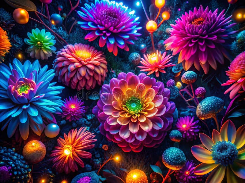 Enthralling Aerial Drone Shot A Nighttime Bloom Display of Vibrant Neon Flowers Capated in Artious Detail ilustracji