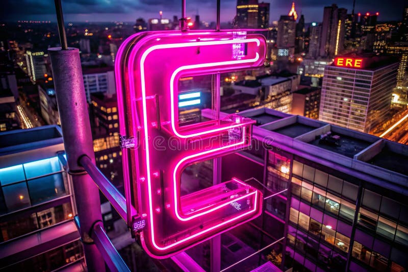 Enthralling Aerial Neon Pink Letter E Light Pokaż niesamowity nocny wyświetlacz fotograficzny ilustracja wektor