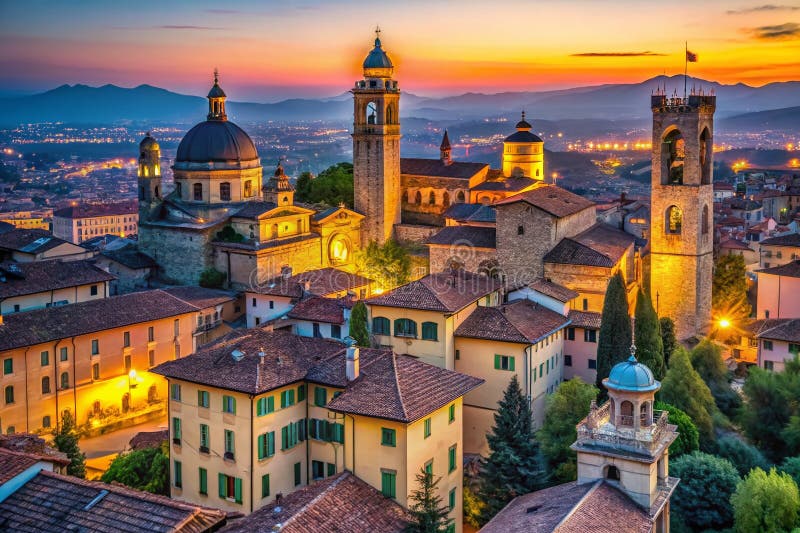 Enthralling Aerial Perspective of Bergamo Italys Enchanting Old Town at Twilight Panoramiczny widok architektury royalty ilustracja