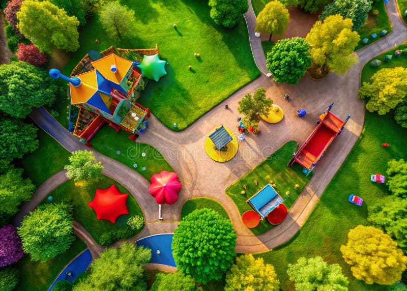 Enthralling Aerial Perspective of the Playful Park Playground Lush Greenery spotyka się z niezwykłymi wydarzeniami uchwyconymi prz ilustracji