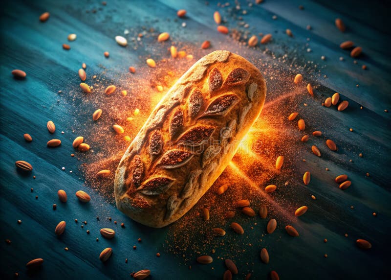 Enthralling Aerial Shot of the NeonLit Bread Loaf Adorned with Delikatne kwiaty Krzewowe Masterpiece of Artistic Food royalty ilustracja