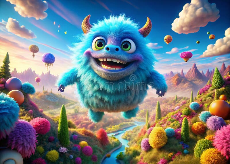 Enthralling aerial view of the cartoon blue monster drone fotografować fantastyczne stworzenie wznosi się ponad ilustracji