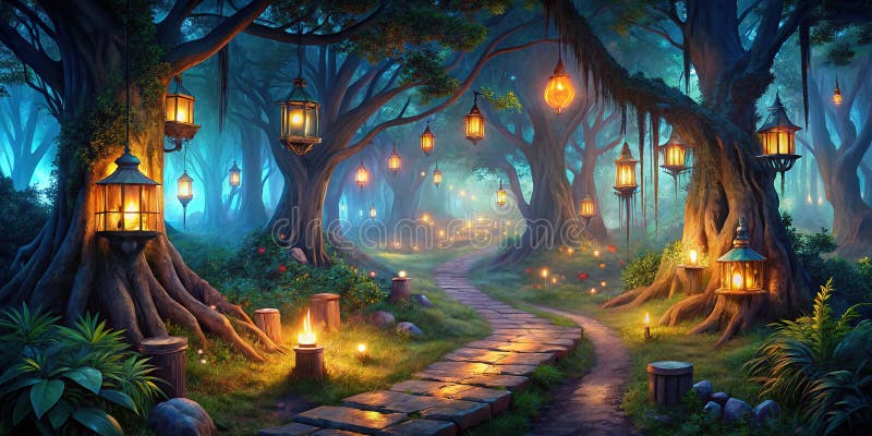 Enthralling Aerial View of the Fantasy Night Forest Game Landscape iluminowany przez świecące latarnie magii dla ilustracji