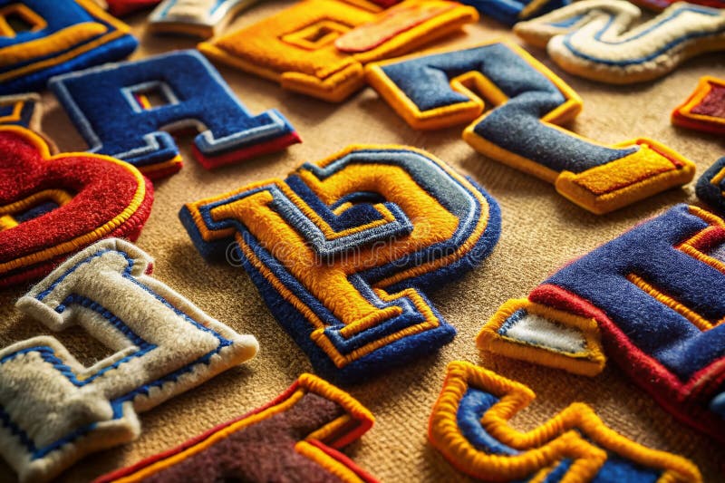 Enthralling Aerial View of Fluffy Chenille Alphabet Patches on a Jacket Szczegółowy przegląd projektu Textured Design royalty ilustracja