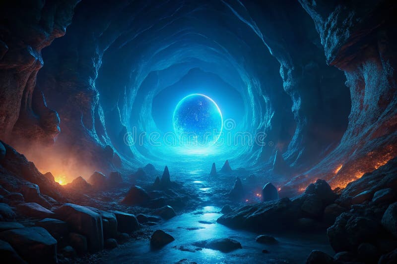 Enthralling Aerial View of the Glow Azure Portal ujawnia tajemnicze królestwo w ciemnej skalistej jaskini systemu ilustracji