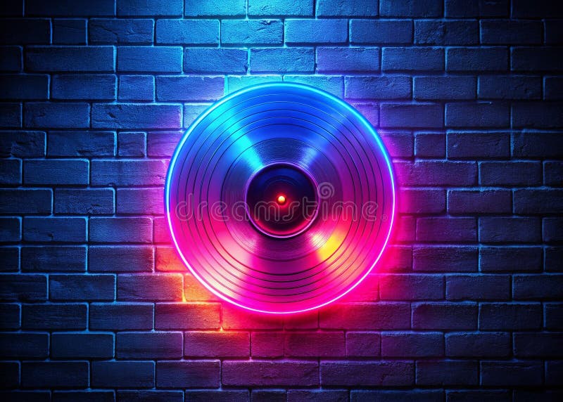 Enthralling Aerial View of the Glow Neon Vinyl Record Set Against Textured Brick Wall Capture the Intricate ilustracji