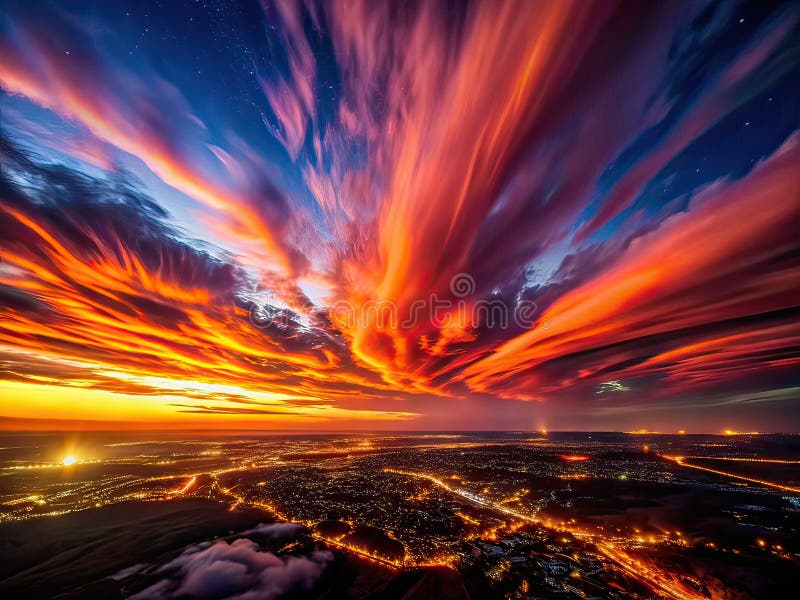 Enthralling Aerial View of the Red Cirrus Cloudscape at Night A oszałamiająca nocna fotografia krajobrazu ilustracji