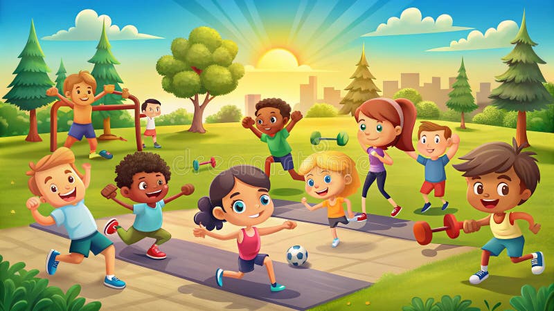 Urzekające widoki z lotu ptaka, prezentujące zabawne, dynamiczne ilustracje ćwiczeń fitness w stylu kreskówkowym, inspirujące i mo ilustracja wektor