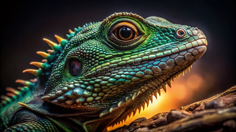 Enthralling Closeup of a Chinese Water Dragon in LowLight Nocturnal Seth Dezvelirea frumuseții complicate a unui stock illustration