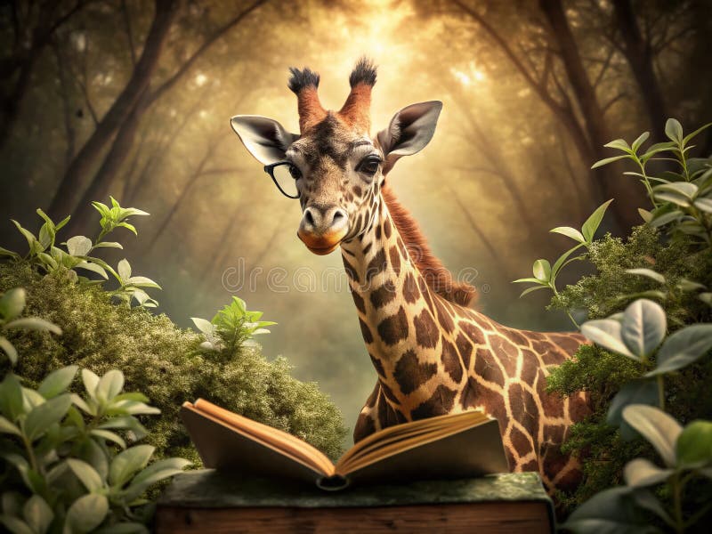 Enthralling Vintage Giraffe Reading a Book A Captivating Wildlife Photograph vector illustration