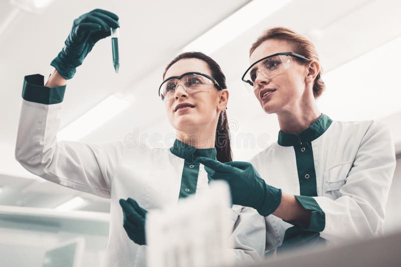 Enthusiastic laboratory assistants with a test tube royalty free stock images