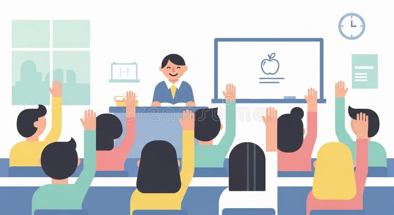Enthusiastic students raise hands to answer a question during a colorful and engaging classroom lesson vector illustration