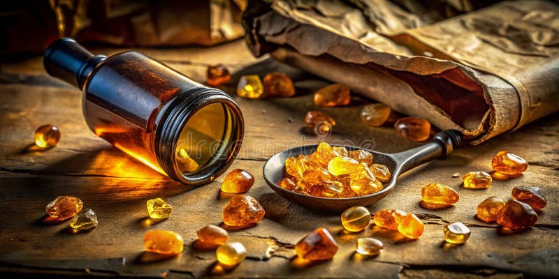 Enthüllung der Geheimnisse einer byzantinischen Epoche Eine antike Flasche Amber Stones und ein herrliches Glas lizenzfreie abbildung