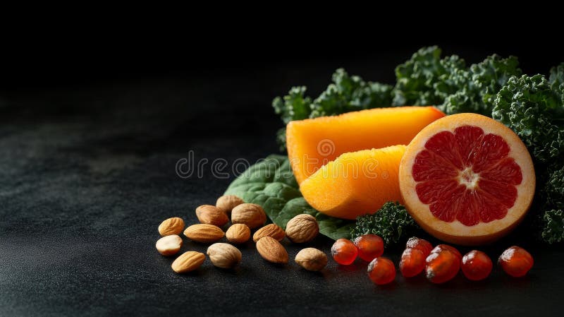 An enticing arrangement features slices of orange melon, grapefruit, leafy greens, and an assortment of nuts royalty free stock images