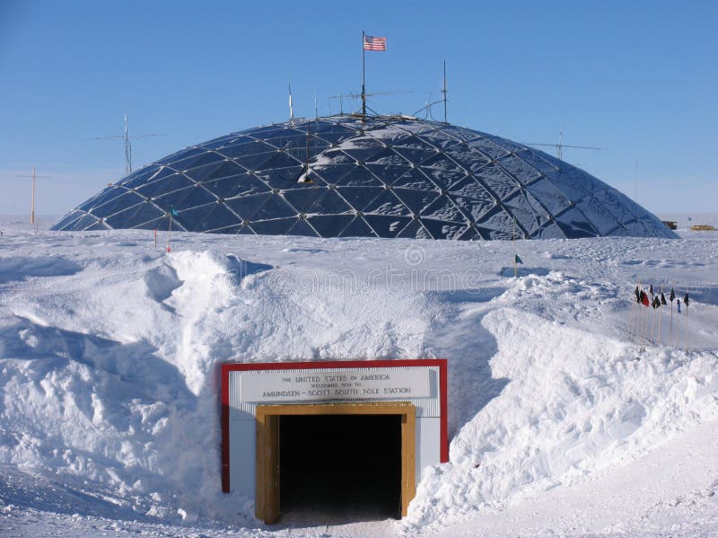 The entrance to the historic South Pole Dome. The second station at the South Pole was known as The Dome. It was built by the US Navy Seabees and commission in 1975 and replaced by the New South Pole Station in 2009. The entrance to the historic South Pole Dome. The second station at the South Pole was known as The Dome. It was built by the US Navy Seabees and commission in 1975 and replaced by the New South Pole Station in 2009.