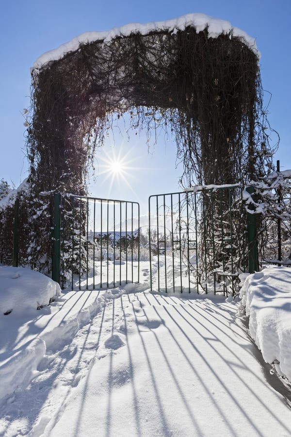 Winter garden entrance with quickset gate, bright sun and beautiful shadows. Winter garden entrance with quickset gate, bright sun and beautiful shadows