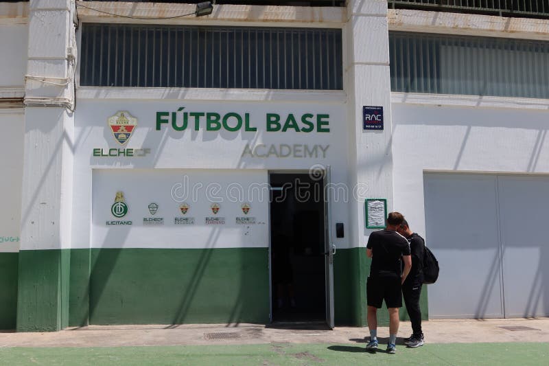 Elche, Alicante, Spain, May 3, 2024: Entrance to the base football academy on the west side of the Martinez Valero stadium of Elche football club. Elche, Alicante, Spain. Elche, Alicante, Spain, May 3, 2024: Entrance to the base football academy on the west side of the Martinez Valero stadium of Elche football club. Elche, Alicante, Spain