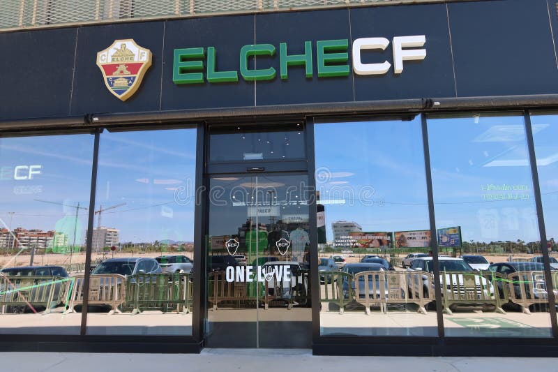 Elche, Alicante, Spain, May 3, 2024: Entrance to the official store on the west side of the Martinez Valero stadium of Elche football club. Elche, Alicante, Spain. Elche, Alicante, Spain, May 3, 2024: Entrance to the official store on the west side of the Martinez Valero stadium of Elche football club. Elche, Alicante, Spain