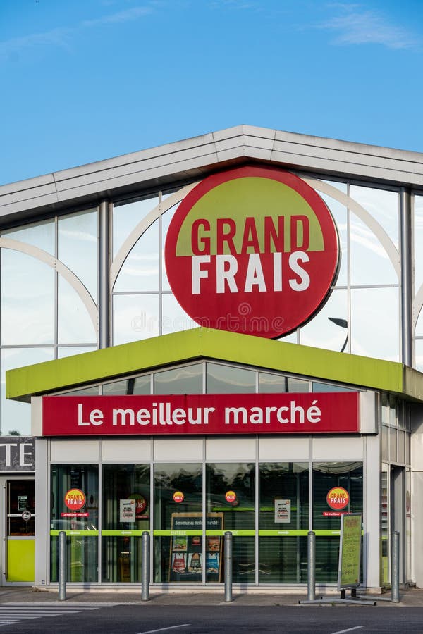 Goussainville, France - May 3, 2024: Entrance to a Grand Frais store. Grand Frais is a French supermarket chain specializing in fresh products and groceries. Goussainville, France - May 3, 2024: Entrance to a Grand Frais store. Grand Frais is a French supermarket chain specializing in fresh products and groceries
