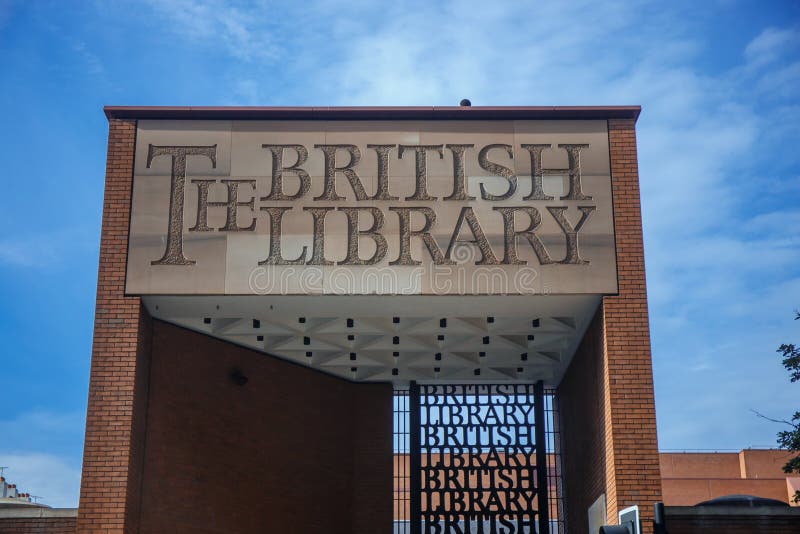 The entrance arch to the British Library which holds the national library of the United Kingdoms. Built in 1973. London. 09.24.2017.