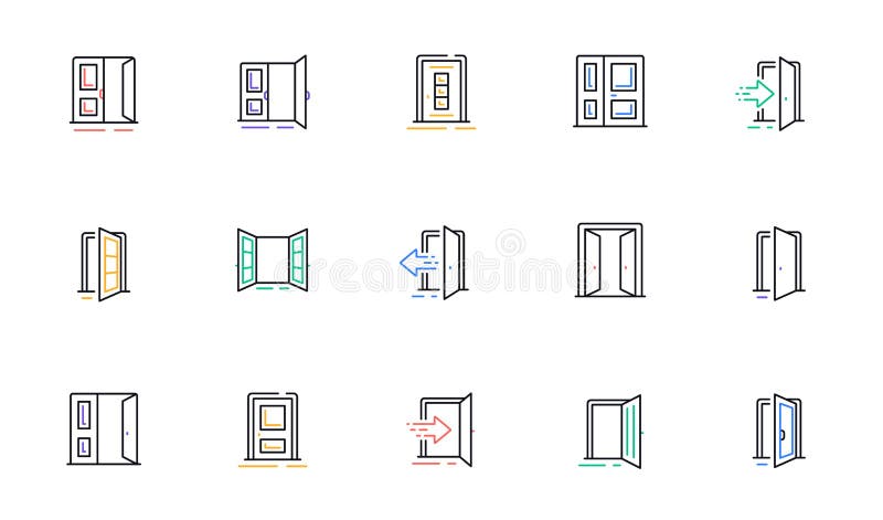 Entrance Line Icons. Open Door, Building Entry and Emergency Exit