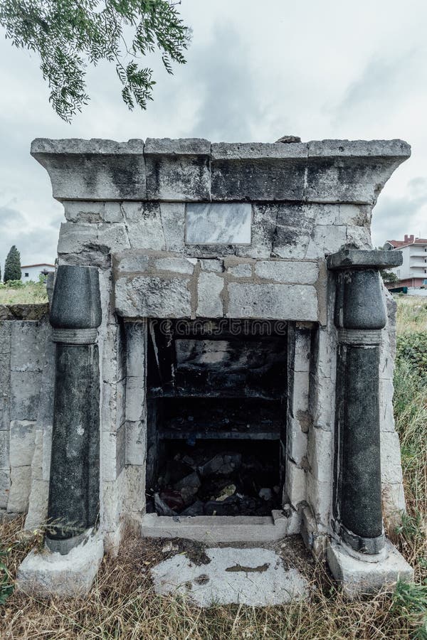 Entrance to an old family-owned mausoleum, a crypt on an abandoned Jewish cemetery in Sevastopol