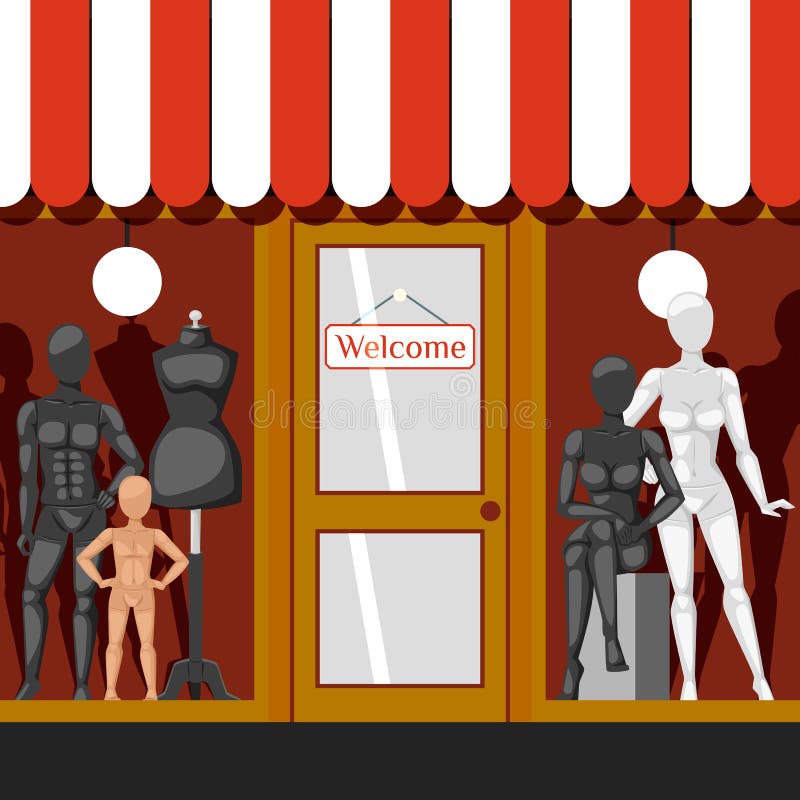 Entrance to shop with welcome sign on wooden door banner vector illustration. Fashion clothing shop boutique, store royalty free illustration Entrance to shop with welcome sign on wooden door banner vector illustration. Fashion clothing shop boutique, store royalty free illustration