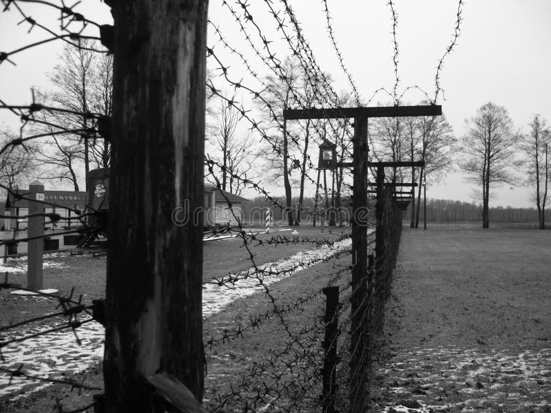 Entrance to Stalin World. Black and white photo of the barbed wire fence marking the entrance to Stalin World (Grutas Parkas) near Druskininkai, Lithuania stock images Entrance to Stalin World. Black and white photo of the barbed wire fence marking the entrance to Stalin World (Grutas Parkas) near Druskininkai, Lithuania stock images
