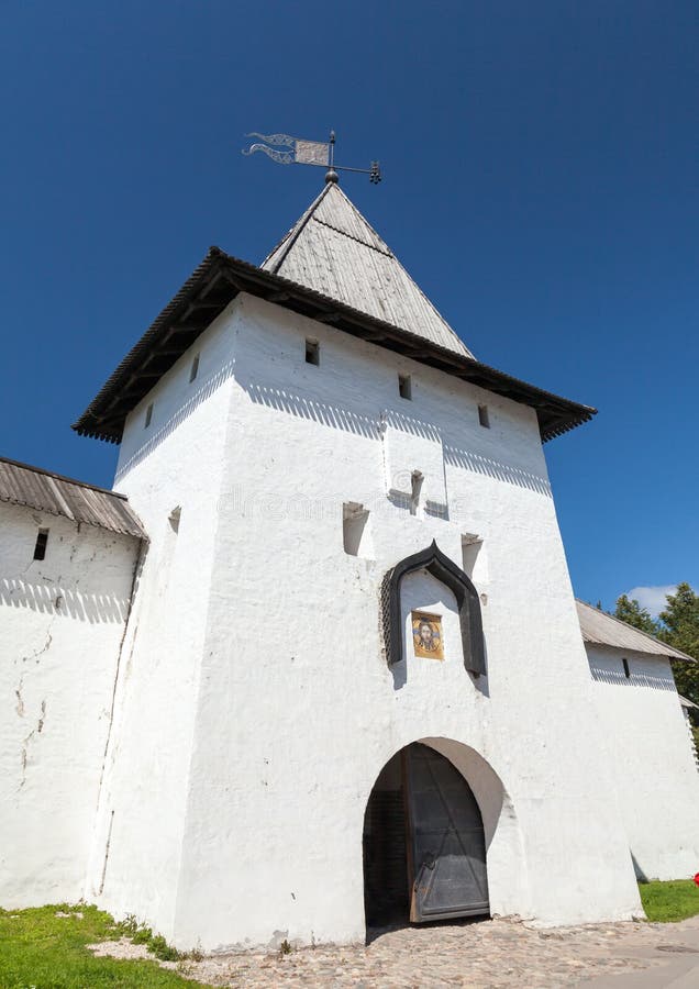 Entrance tower of ancient Pskov Krom or Kremlin. Russia