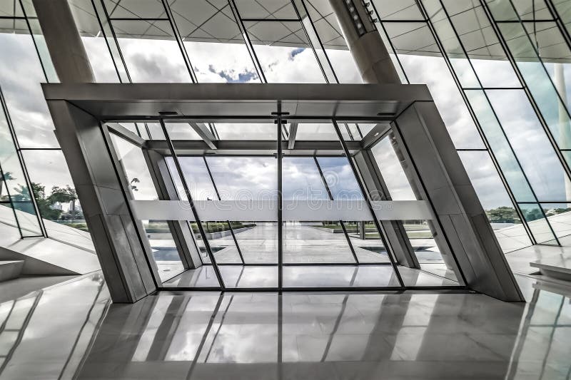 Union Museum, Etihad, Dubai, United Arab Emirate - Jan.4, 2018: Main Entrance to the Etihad Museum, Sliding Glass Doors, Modern Interior. Union Museum, Etihad, Dubai, United Arab Emirate - Jan.4, 2018: Main Entrance to the Etihad Museum, Sliding Glass Doors, Modern Interior