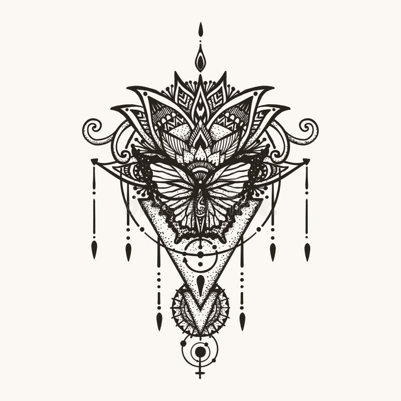 Entregue a borboleta tirada em flores do boho com símbolo geométrico da fêmea e da astrologia para a tatuagem da parte traseira d ilustração stock Entregue a borboleta tirada em flores do boho com símbolo geométrico da fêmea e da astrologia para a tatuagem da parte traseira d ilustração stock