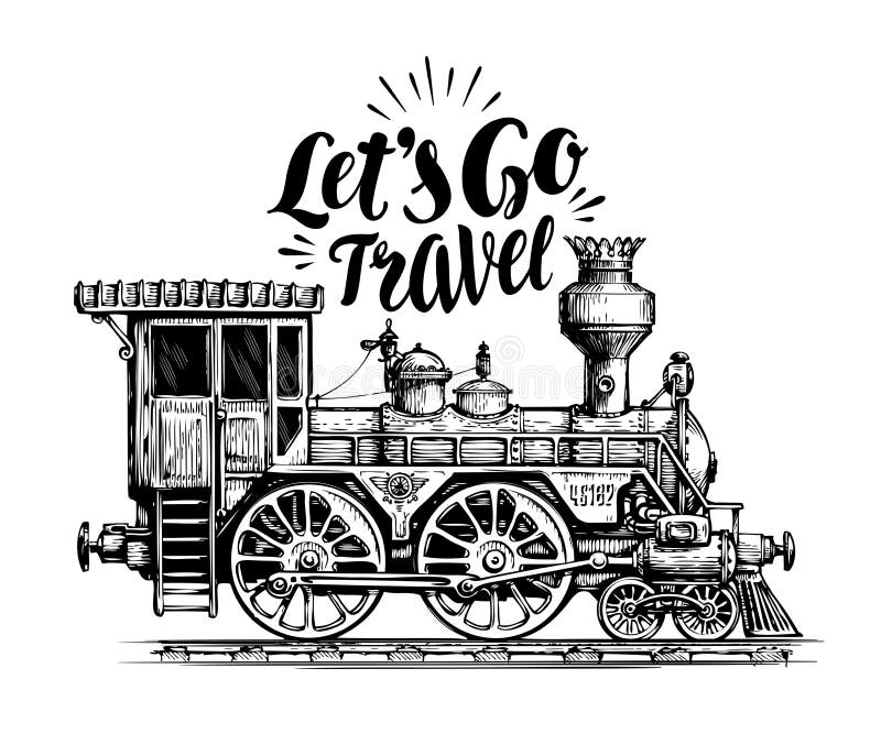 Entregue a locomotiva tirada do vintage, cozinhe o trem, transporte Ilustração Railway do vetor do motor, esboço