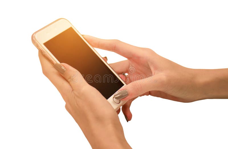 Entregue manter o écran sensível grande telefone esperto isolado no fundo branco com o trajeto de grampeamento para a tela