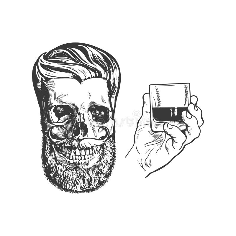 Entregue a mão tirada que guarda o tiro do álcool e o crânio do moderno ilustração stock Entregue a mão tirada que guarda o tiro do álcool e o crânio do moderno ilustração stock